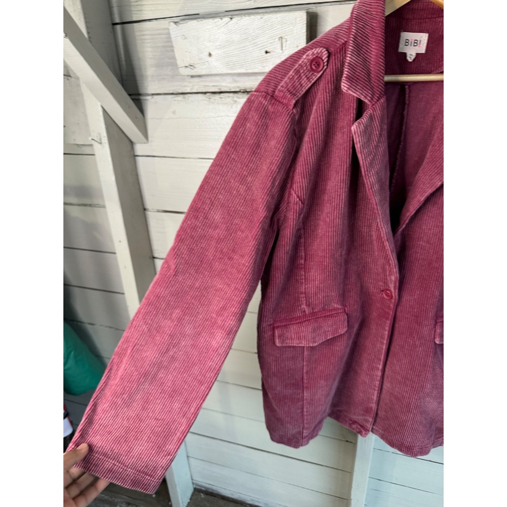 BiBi Pink Corduroy Blazer Jacket XL Wide Wale Epaulette Oversized Berry - Picture 3 of 5